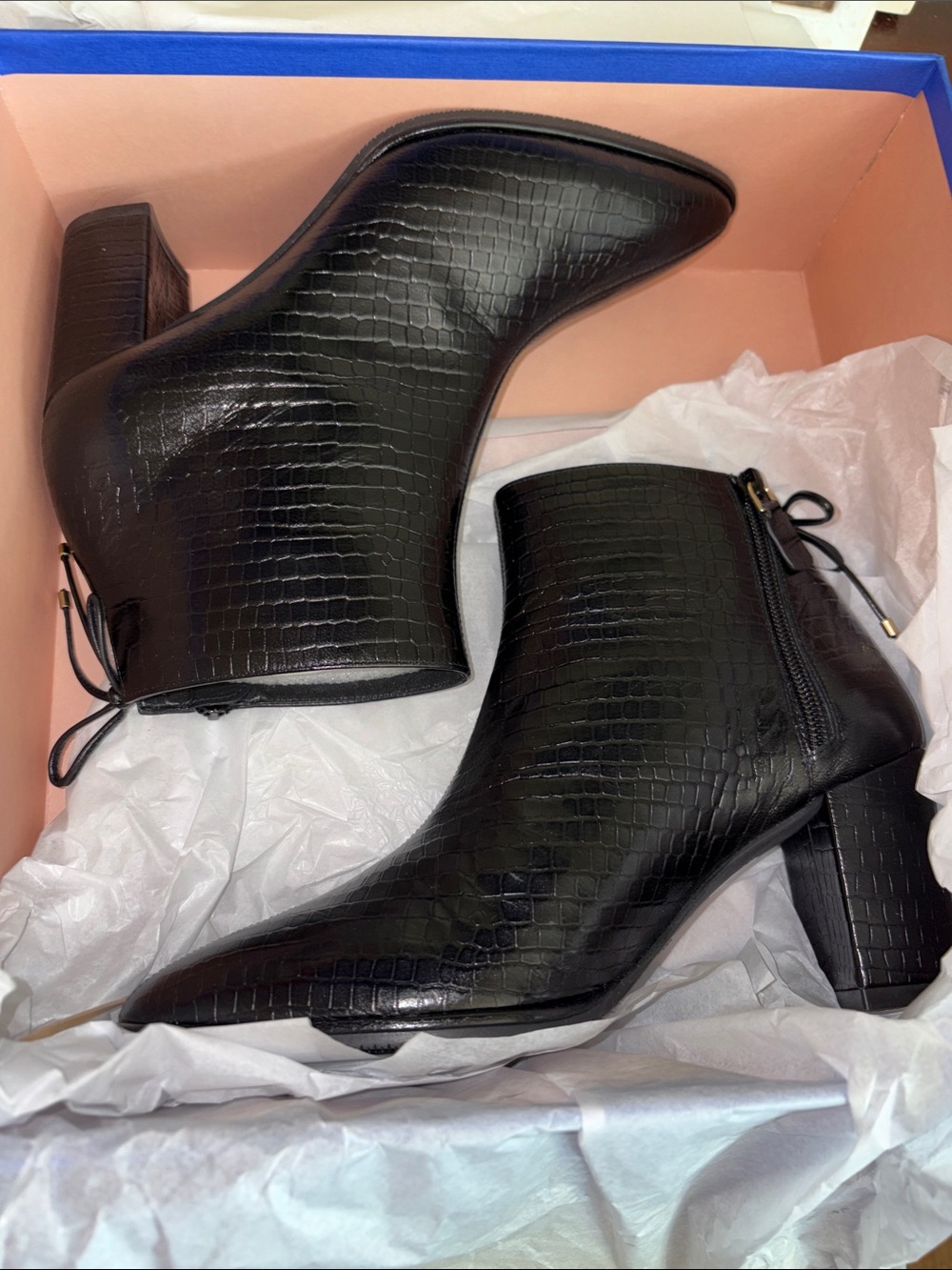 Stuart Weitzman Black Croc-Embossed Leather Gardiner Dress Booties -Size 7.5 NIB - Picture 11 of 16